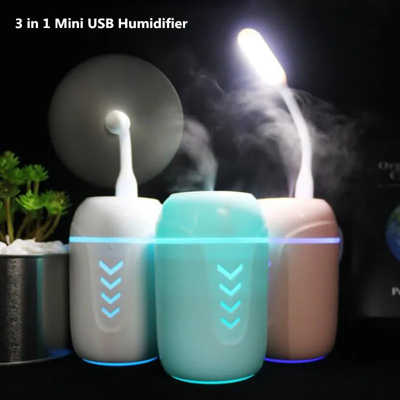 

3 in 1 USB Air Humidifier For Home Ultrasonic Car Mist Maker with Mini LED Lamp USB Fan Office Desktop Air Purifier