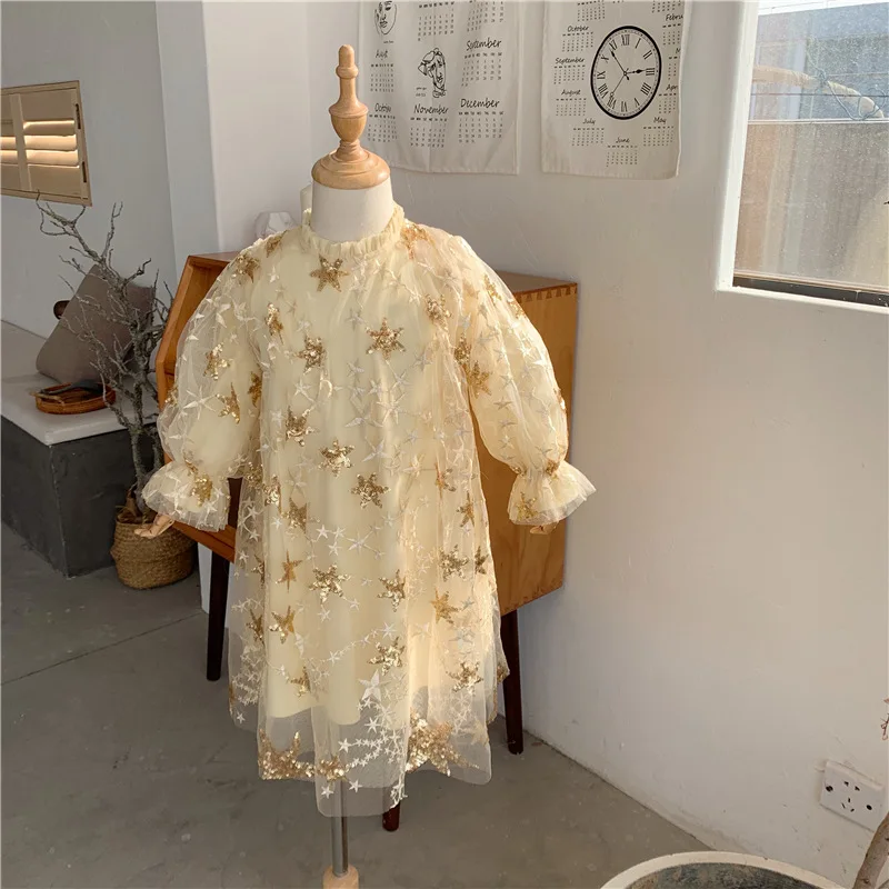 Spring fashion girls five-pointed star embroidery paillette princess dress 2020 kids mesh party dresses | Детская одежда и обувь