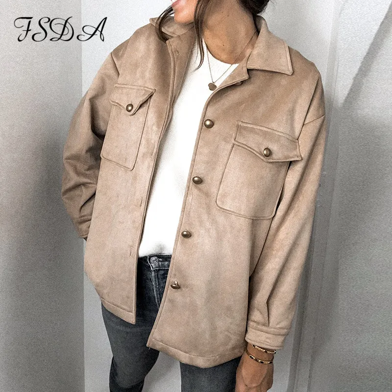 FSDA Long Sleeve Oversized 2020 Suede Jacket Khaki Women Button Turn Down Collar Autumn Winter Black Coat Outwear Fashion|Женские