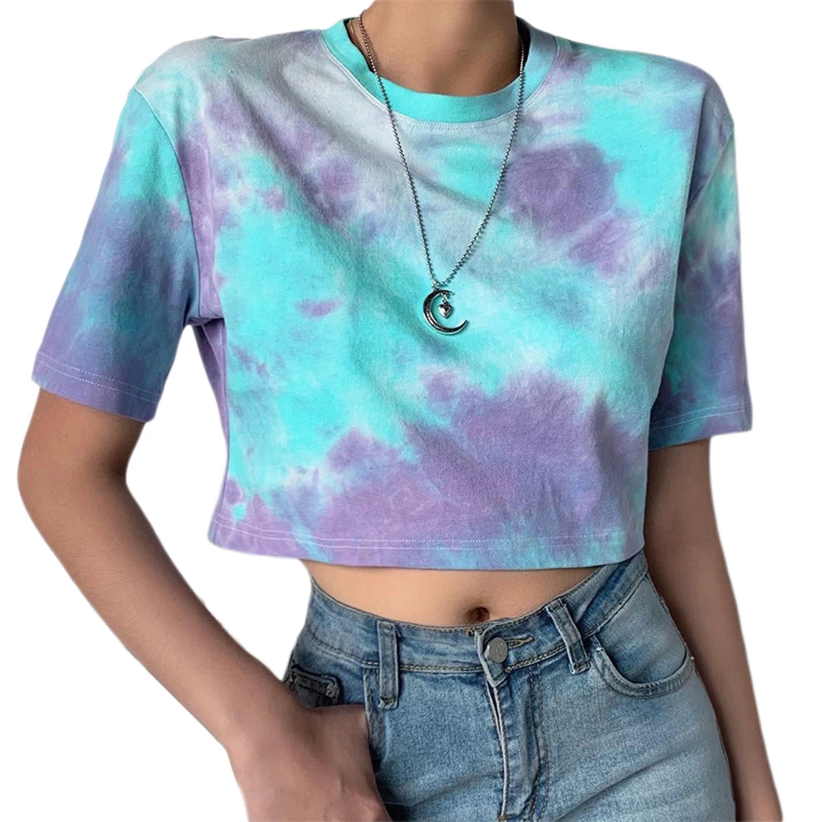 

New Fashion Women Colorful Tie Dye Crop Top T-shirts Round Neck Short Sleeve Ins Popular Pullover Short Tees Tops