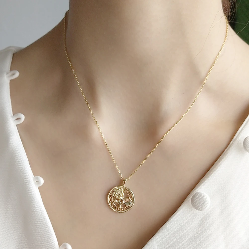 925 пробы серебряные серьги 18 K Золотая круглая форма в виде цветка, ожерелье из розового золота Для женщин ювелирное изделие Свадьба Помолвка подарок женские колье