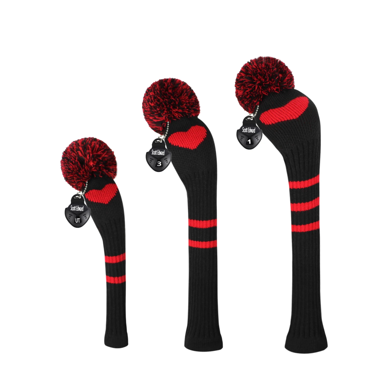 

Golf Headcover Set,Black Red Heart Personalized Pattern Knit Golf Protector for Driver Fairway Hybrid, Decorate Golf Life