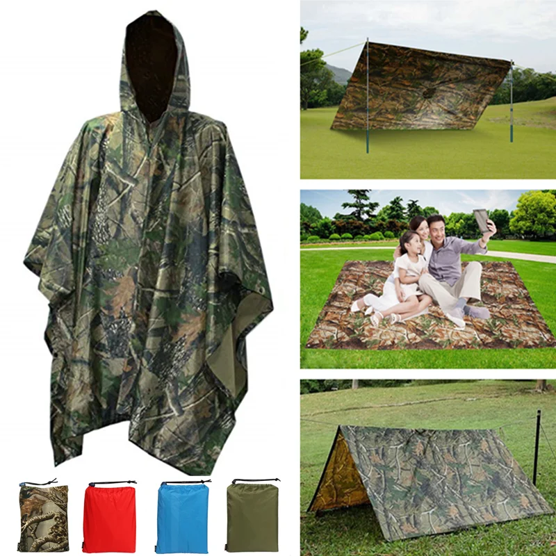 

3 In 1 Hiking Poncho Rain Coat Backpack Waterproof Tarp with Hood Hunting Poncho Outdoor Camping Tent Mat Awning Shelter