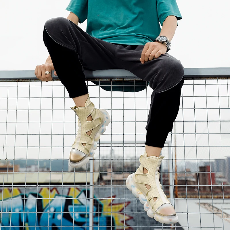 

2021 Fashion Men's Summer Shoes PU Vamp High Top Velcro Men Sandals Comfortable Non-Slip Platform Shoes Casual Men Sneakers