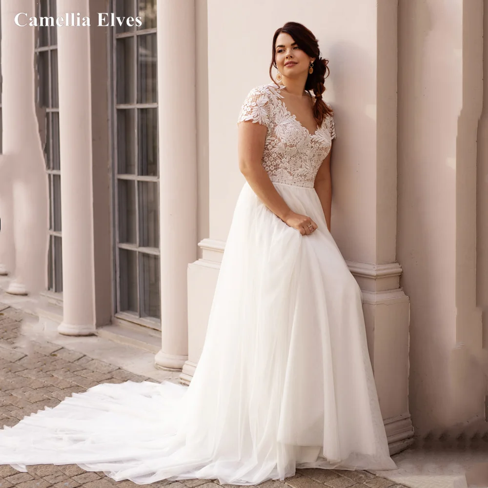 

Plus Size Short Sleeve Wedding Gown V Neck Sexy Illusion Back Bride Dress Tulle Vintage Bridal Robes Vestidos De Novia