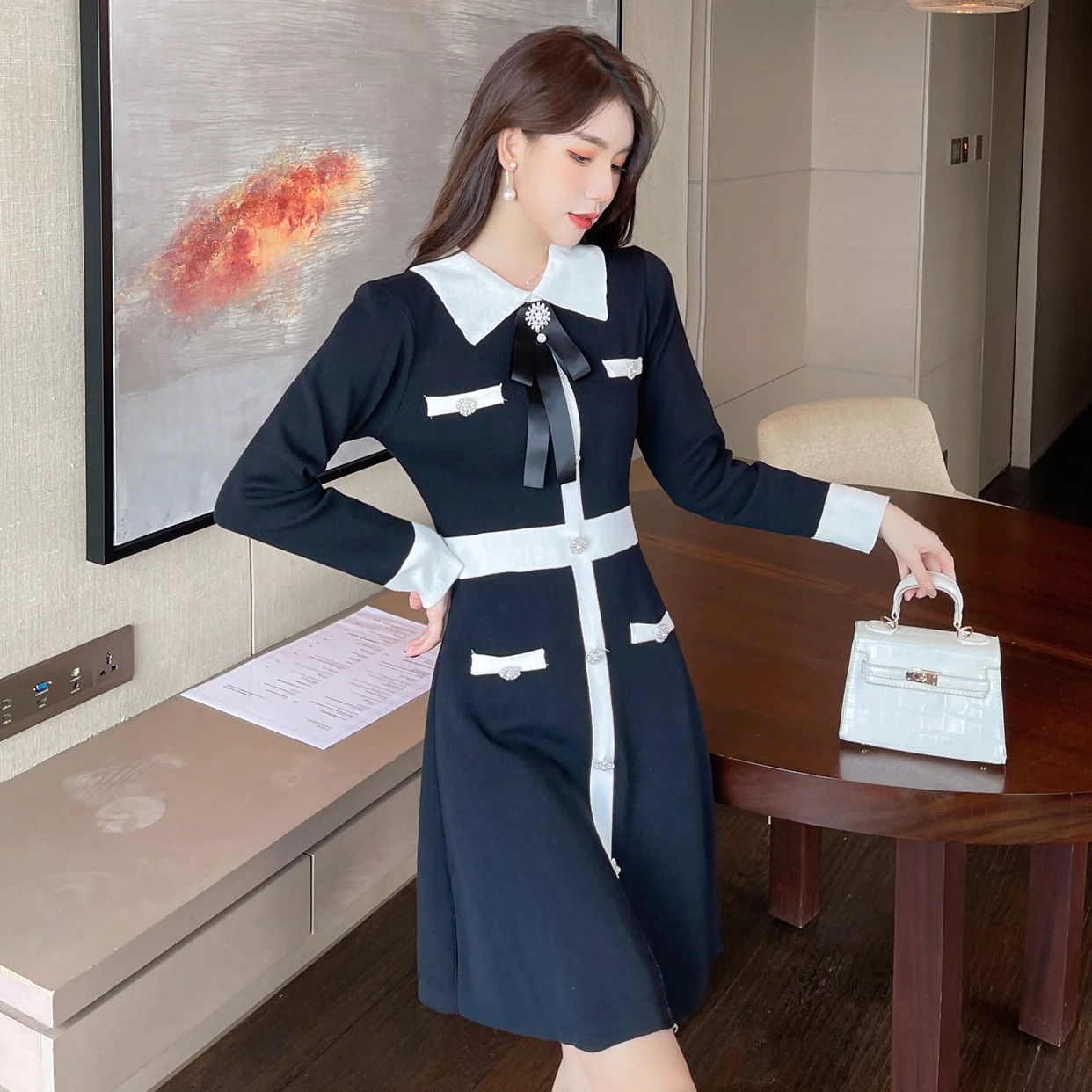 

Women Autumn Hit Color Turn Down Collar Long Sleeve Bow Button Knitted Dress Women's clothing Vestidos 2022