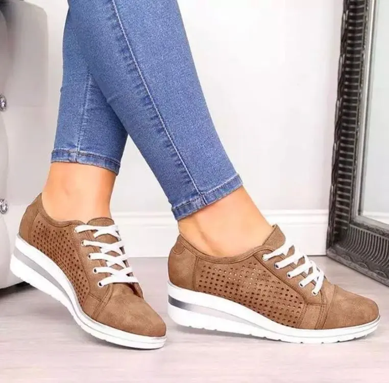 

Casual Woman Shoe Round Toe All-Match Female Footwear Dress New Wedges Fabric Flat Basic Fretwork Leisure Solid Lace-Up Rubber P