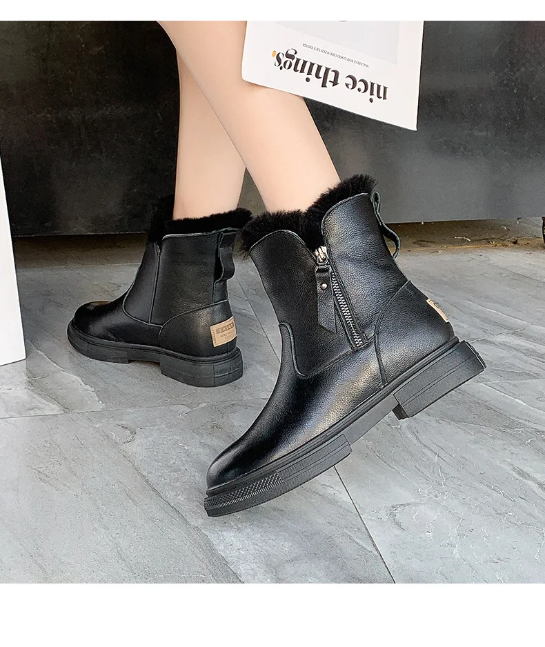 Zapatos de mujer; Новинка года; зимние кожаные женские хлопковые ботинки; шерстяные пинетки с боковой молнией; кожаные женские ботинки
