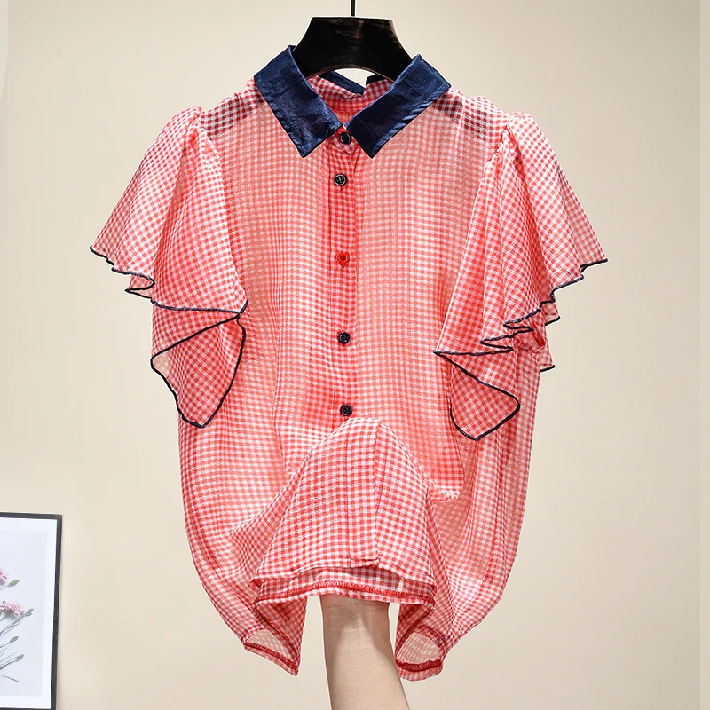 

Ruffles Plaid Short Sleeve Chiffon Blouse 2021 Summer New Arrival Korean Loose Patchwork Shirt Fashion Tops