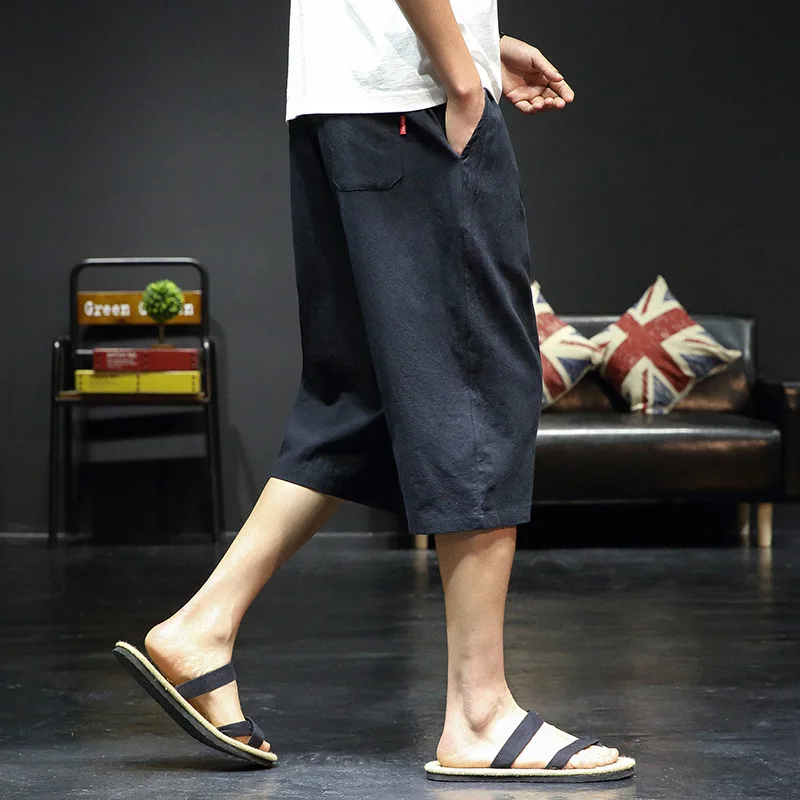 

Summer men shorts plus size cotton and linen cropped pants men casual shorts fashion solid mid-waist drawstring men board shorts