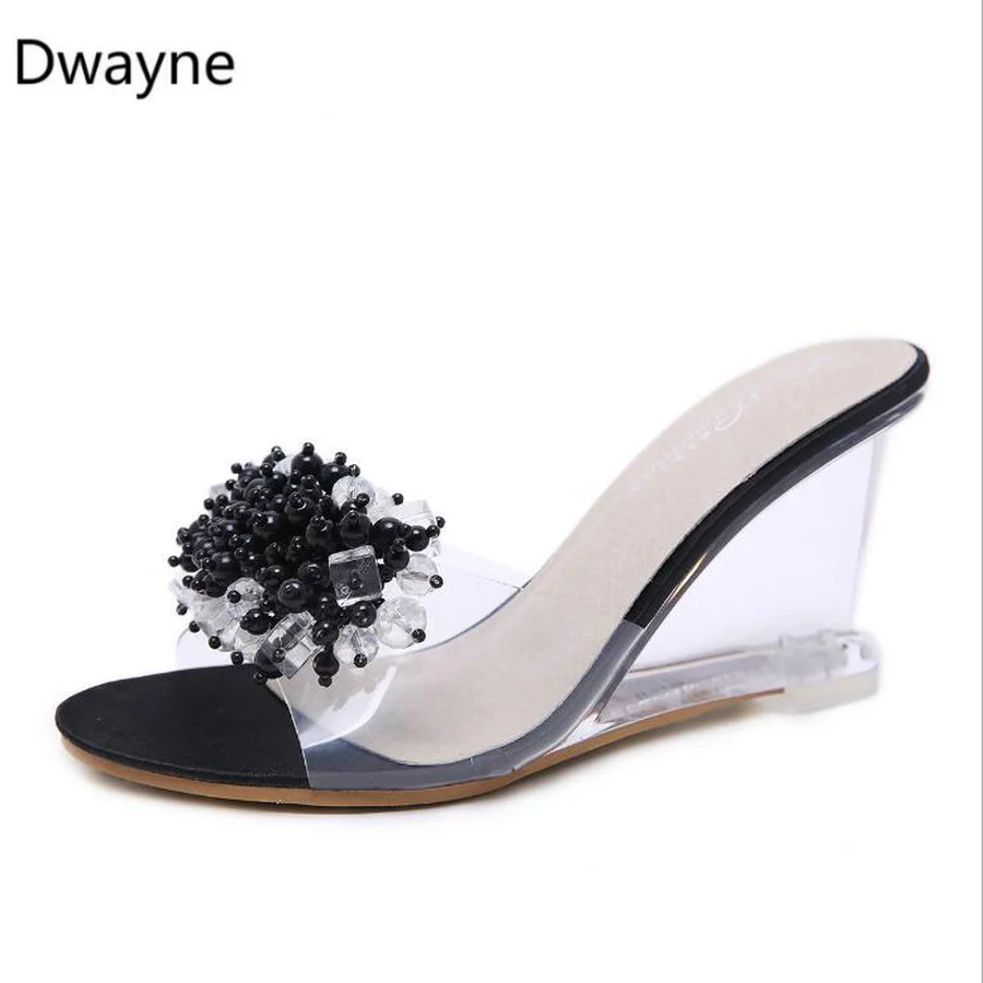 

Summer New Wedges Sandals Women Sexy Crystal Transparent High Heels Glass Slippers String Bead PVC Slippers Fashion Shoes 2021