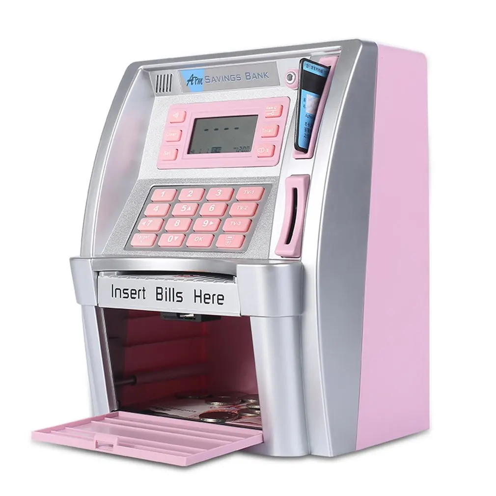 Bancos de Ahorro de ATM con pantalla LCD para el hogar, cajas de dinero de Seguridad Premium de plata creativa, simulación de ATM, hucha, juguetes para niños, Dollor