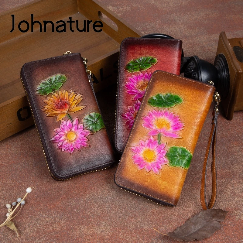 

Johnature 2022 New Genuine Leather Women Hand Wallet Vintage Embossed Long Zipper Cowhide Card Holder Hand Painted Phone Purse