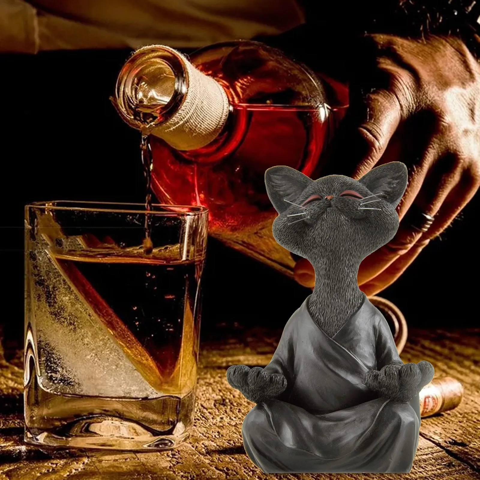 Причудливая фигурка кошки черного Будды Коллекционная модель для медитации йоги