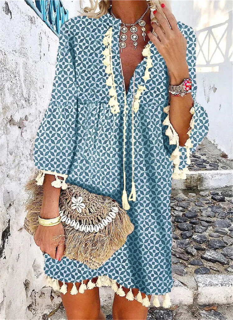 

Printed Dress for Woman V-neck 3/4 Sleeves Tassels Loose-Fitting Beach Dress