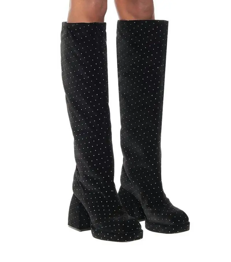

Plus size 34-43 New Genuine leather boots women square toe high heels knee high boots western autumn winter platform boots