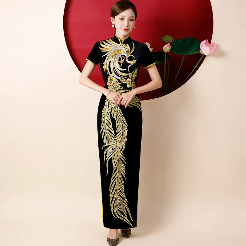 Plus Size S-6xl Traditional Chinese Golden Velvet Cheongsam Sexy Catwalk Embroidery Qipao Costume Lady Banquet Elegant Dress