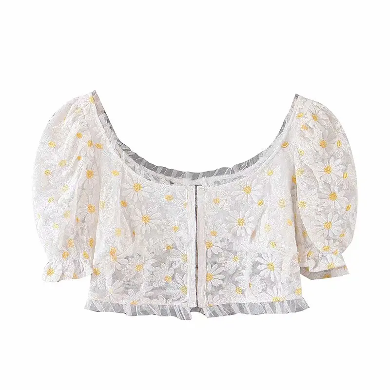 L149 daisy 9093 Bazaleas Франция Daisy Appliques элегантная женская блузка модные Обрезанные рубашки на пуговицах кружевные женские топы и блузки Прямая - Цвет: L149 daisy 9093
