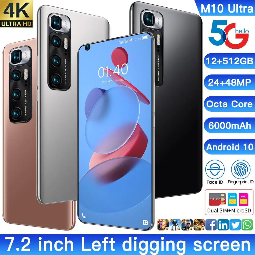 

Global Version M10 Ultra 7.2 Inch Smartphone 10 Core 6000mAh 12+512GB Full Screen Mobile Phone Face Unlock Dual SIM 5G Cellphone