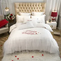 Luxurious Lace Wedding Bedding Set, White, Black and Red Bed Sheet and Quilt Cover For Wedding