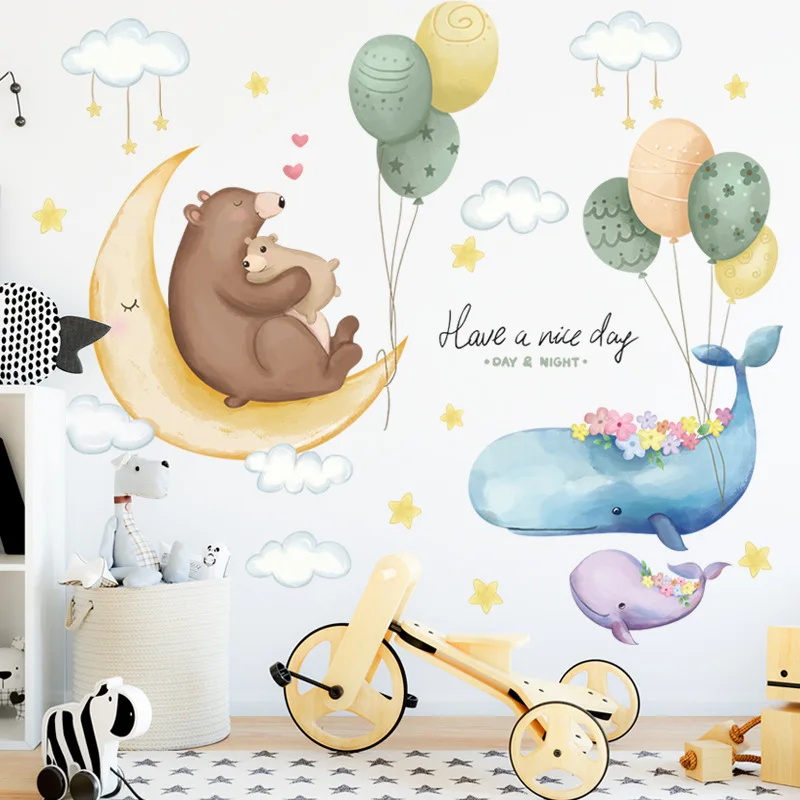 

2022 Cartoon Moon Starry Sky Whale Hot Air Balloon wall decor Children's Room Stickers Self-adhesive Wallpaper Painting