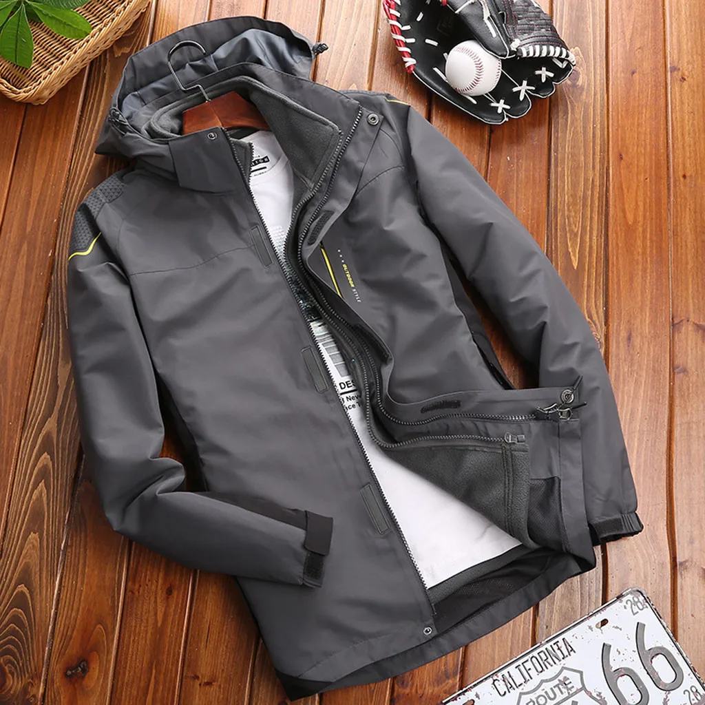 Men Fashion Hoodie Hat Detachable Windbreaker Waterproof Jacket Breathable Sport Outdoor Coat Softshell Fleece Jacket Mujer