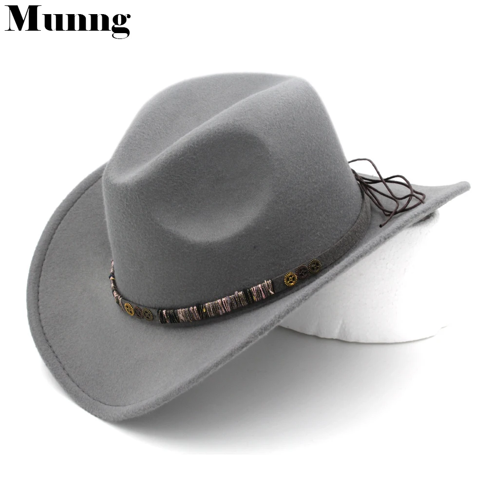 

Munng Autumn Winter Western Cowboy Hat Wide Brim Cowgirl Cap Steampunk Style Hatband Size 56-58cm