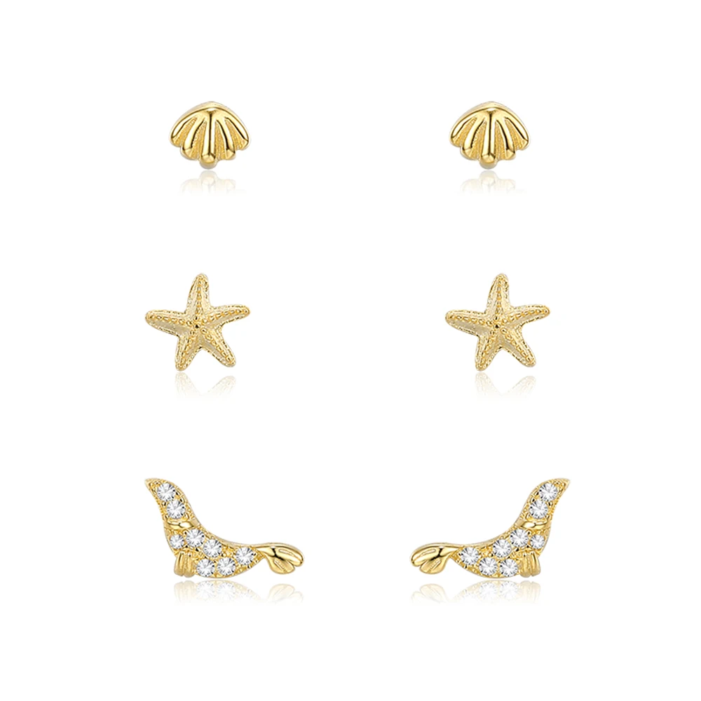 

ZEMIOR 100% 925 Sterling Silver Ocean Shell Seal And Sea Star Earrings For Women Luxury Gold Color Tiny Stud Earring Jewelry