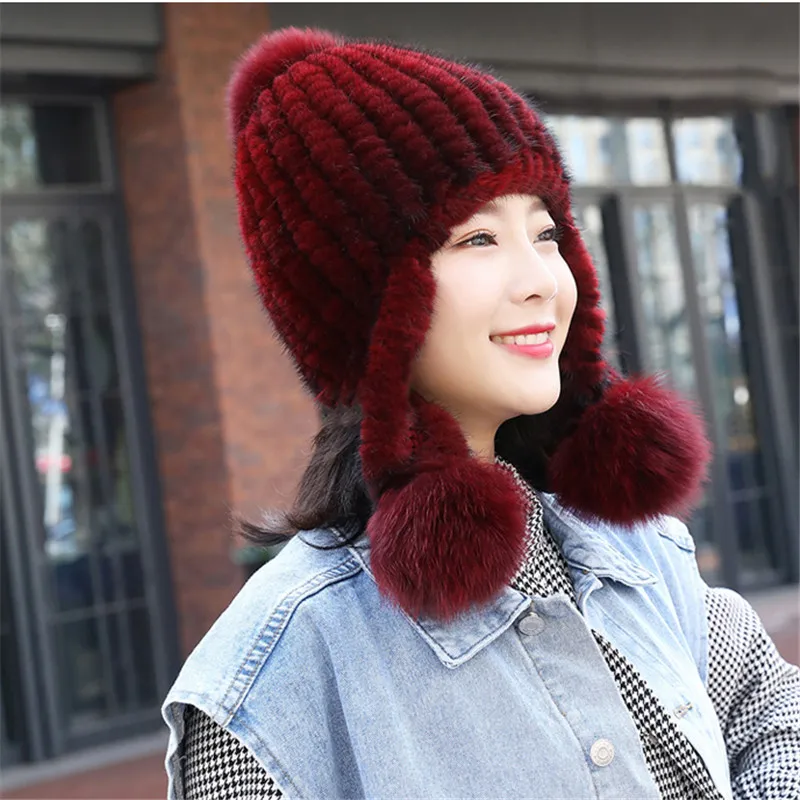 Manufacyure Of Good Quality New Products Full Range Of Knitted Mink Fur Hat Accessories Fox Fur Ball Hat Ladies Winter Warm Hat.