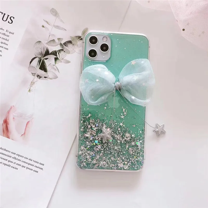 Cute Bow Glitter Star Pendant Bling Shiny Case For iPhone SE 2020 11 Pro Max X XR XS 6S 7 8 Plus 12 Women Fashion Silicone | Мобильные