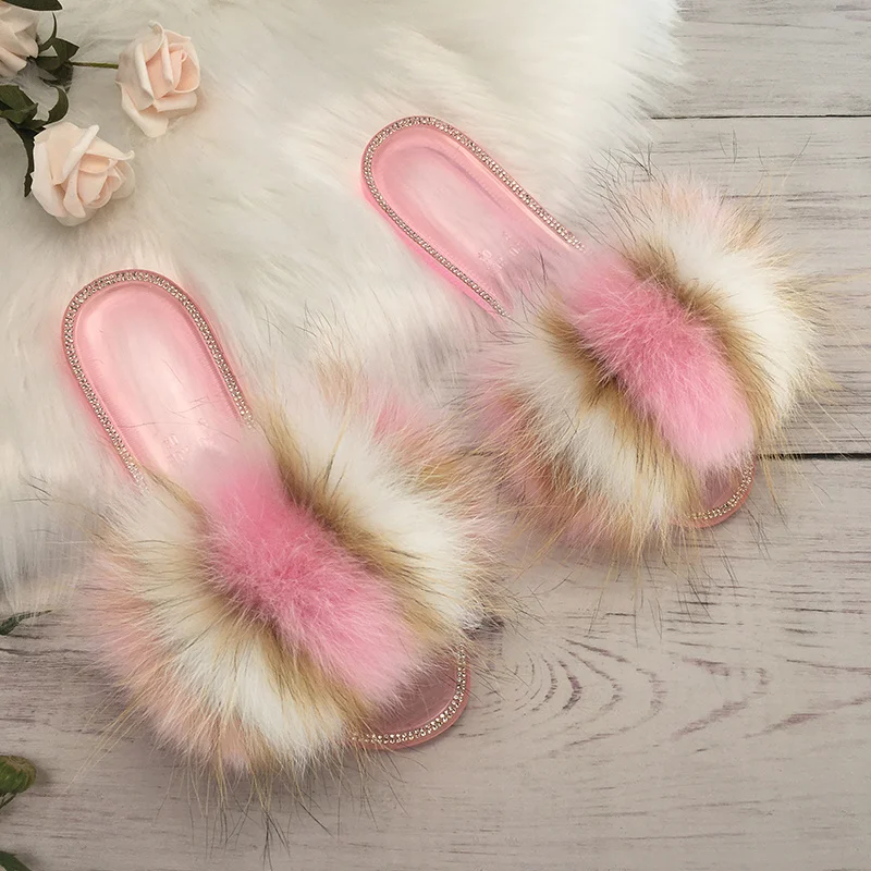 Fluffy Slippers Women Real Fur Slides Home Summer Crystal Rhinestones Shoes For Women Flip Flops With Fur Jelly Sandals Women