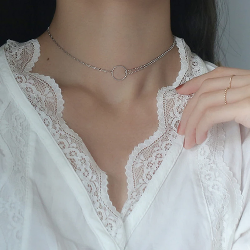 

GS New Double Layer Circle Asymmetric Bead Chain Necklace for Women Girls Fashion Geometric Clavicle Chain Necklace Jewelry 2020