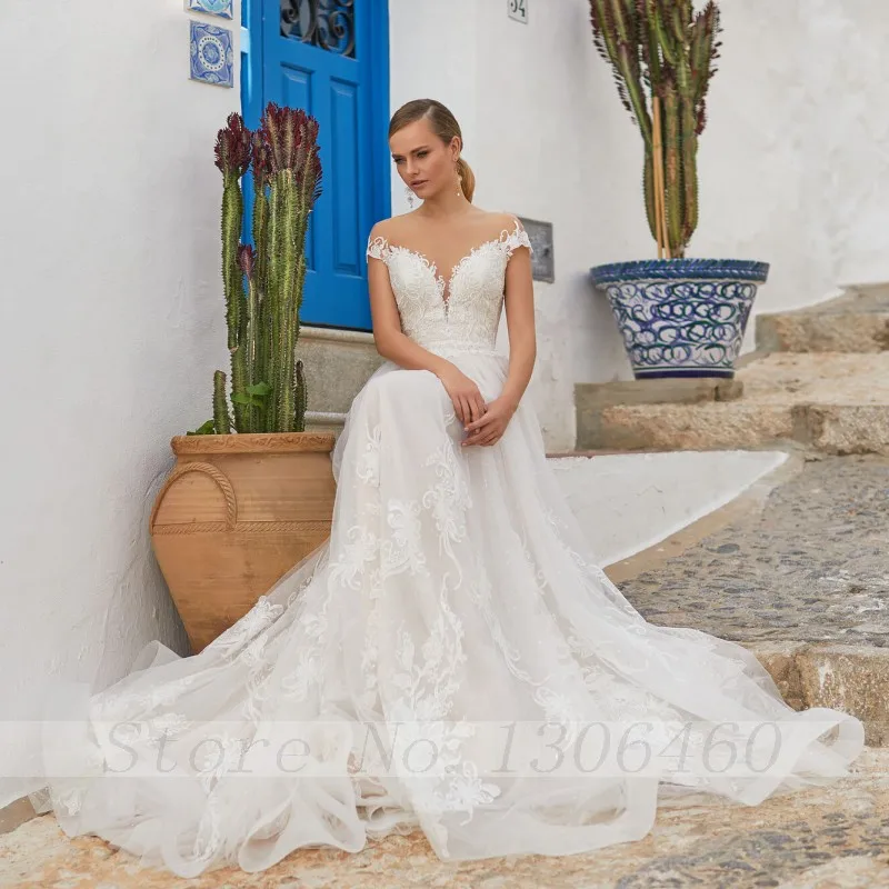 

Thinyfull 2020 Elegant Wedding Dresses A Line V Neck Cap Sleeve Bride Dresses Tulle Backless Lace Appliques Vestidos de novia