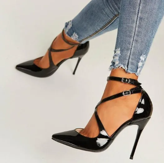 

Pointy stiletto heel solid Patent Leather Cross strap hollow buckle low cut high heels