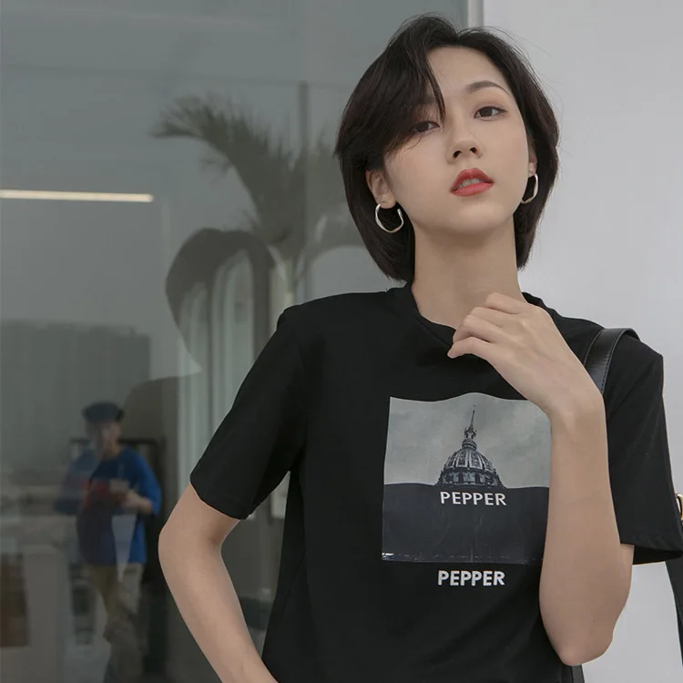 

Fashion Round O Neck Letter Logo Rib Contrast Patchwork Loose T-shirt for Women Short Sleeve