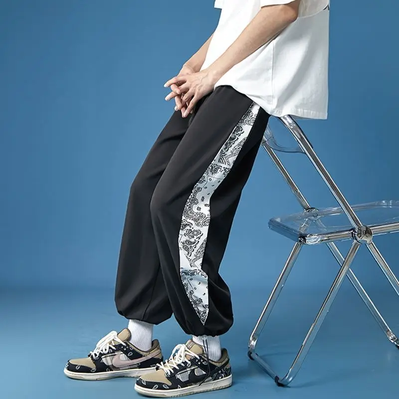 

Мужские прямые свободные летние леггинсы, брюки корейской версии, укороченные брюки, повседневные спортивные брюки с цветком кешью