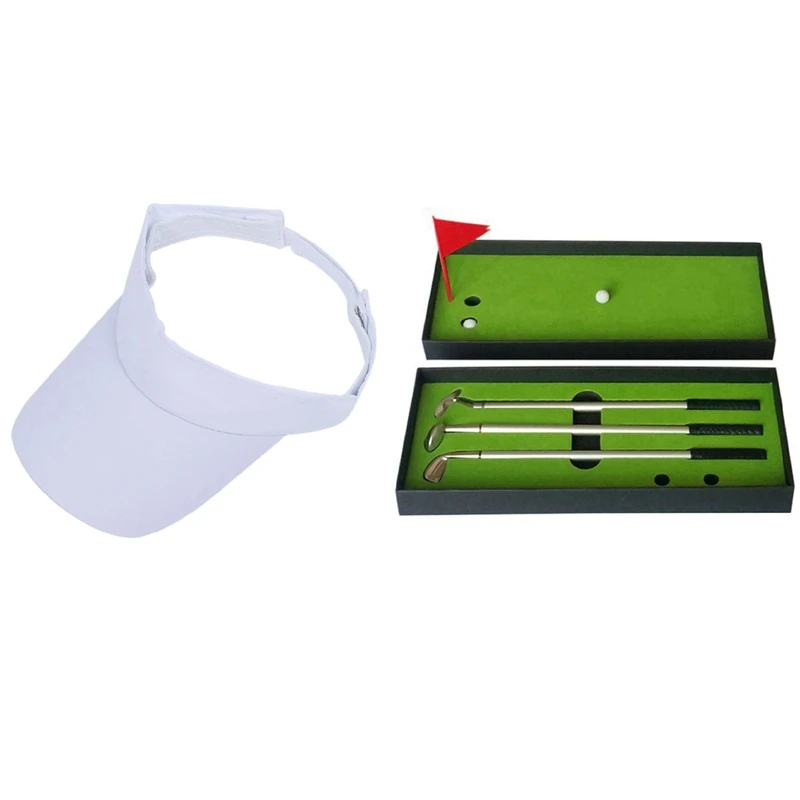 

White Sun Sports Visor Hat Cap with New Mini Golf Club Putter Ball Pen Golfers Gift Box Set
