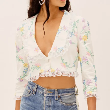 

2021 Autumn Sweet Sexy Deep V-Neck Lace Trim Daisy Floral Embroidered Long Sleeve Blazer Women Casual Chic Cardigan Crop Tops
