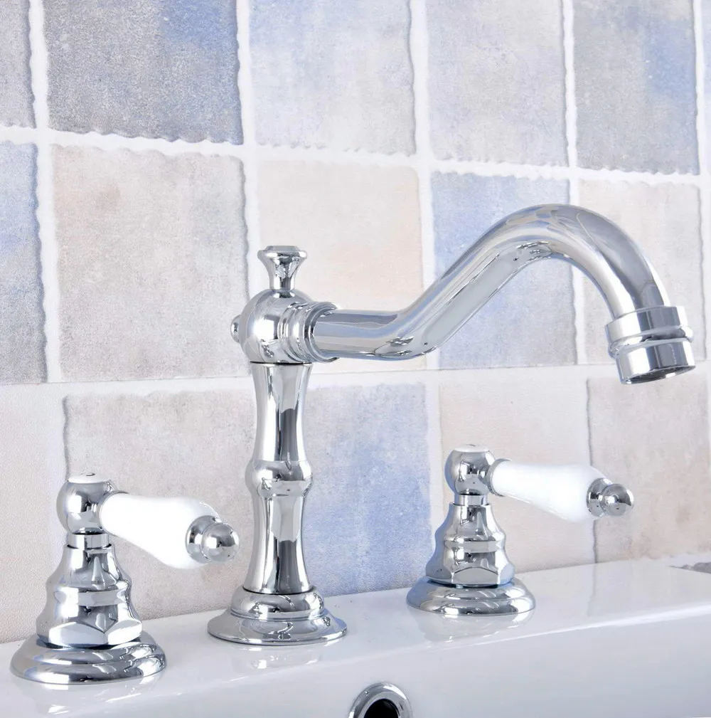 

Bathroom Polished Chrome Silver Mixer Faucet Two Handles 3 Hole Basin Sink Hot Cold Water Taps Nnf540