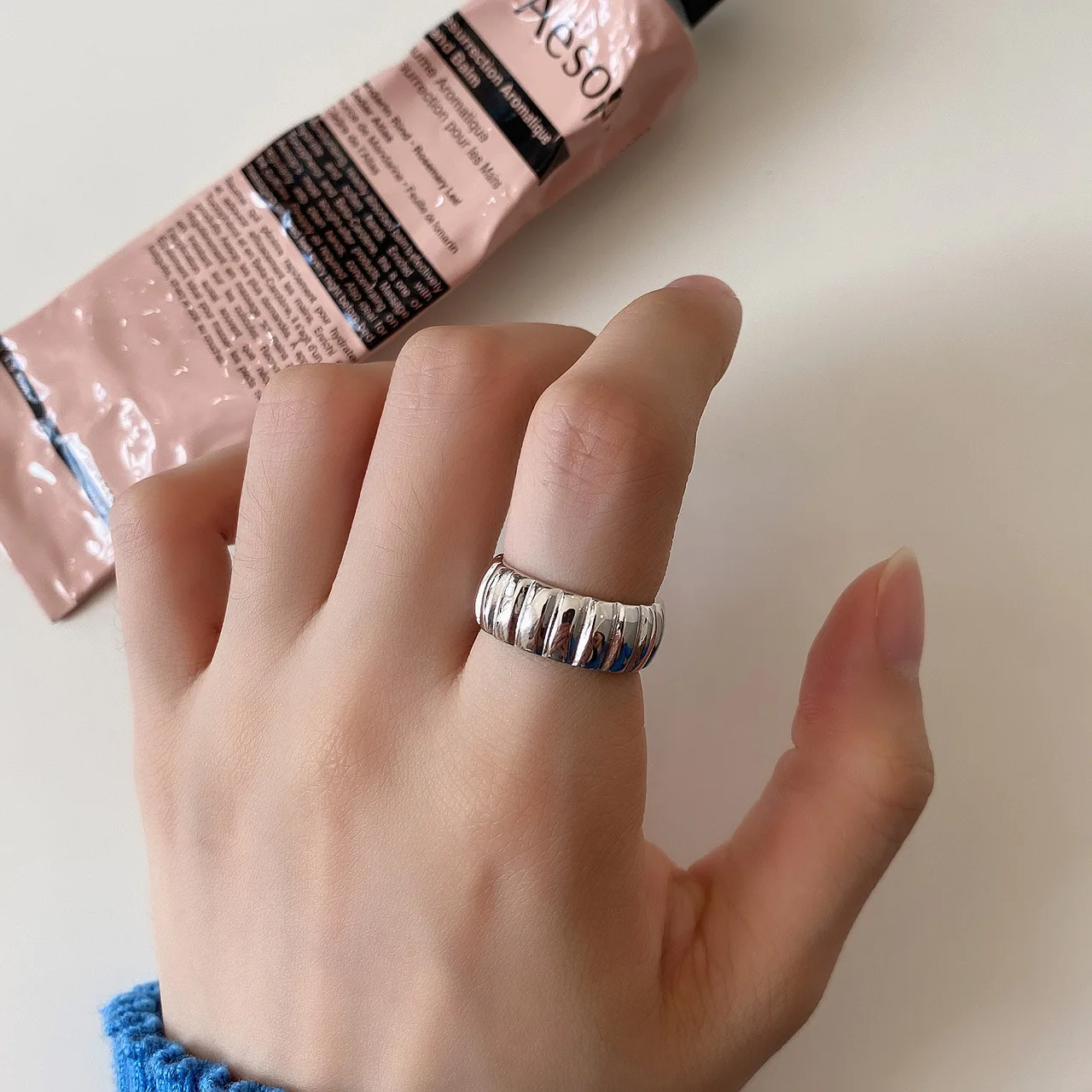 

Celi French style wide face gear ring opening 925 sterling silver ring minimalist ring female ins net red ring