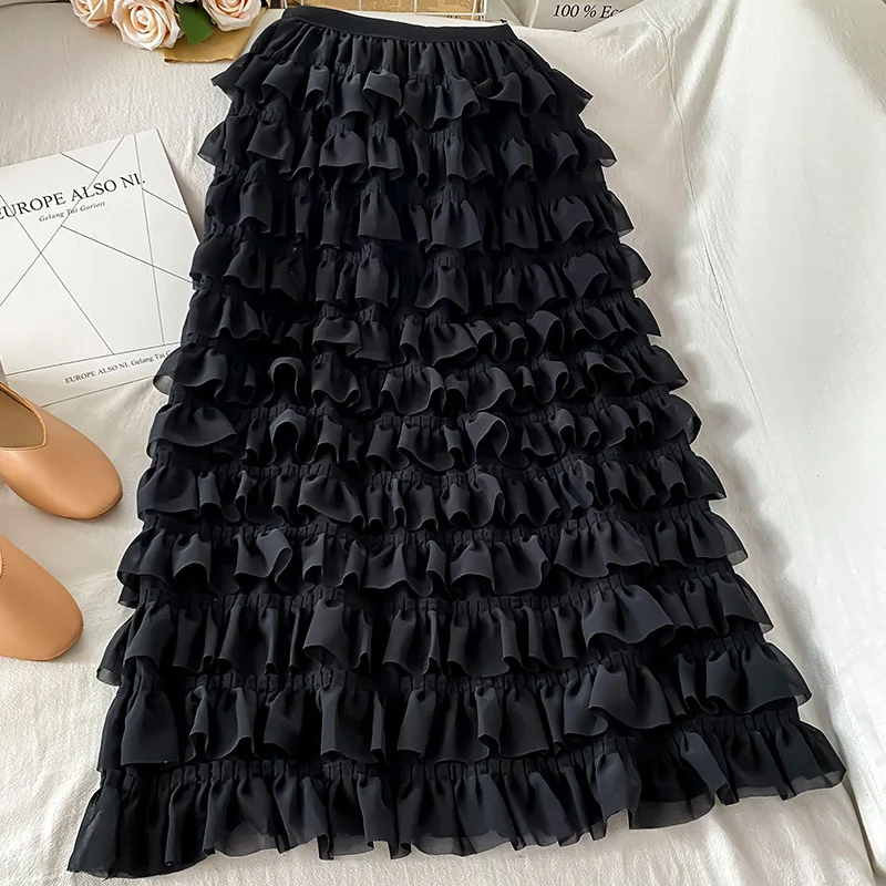 

2021 Summer Tiered Skirt Black Trendy Girls Medium Bottom Patched Ruffles Harajuku White Layered Dress Women Faldas Mujer