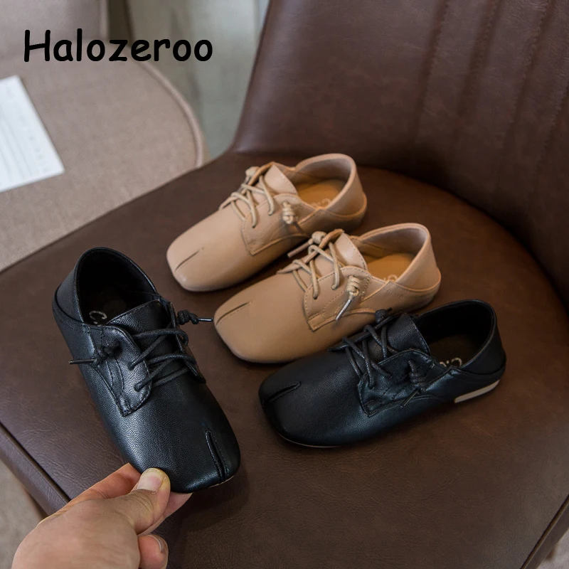 Детские кожаные туфли черные на плоской подошве для мальчиков и девочек