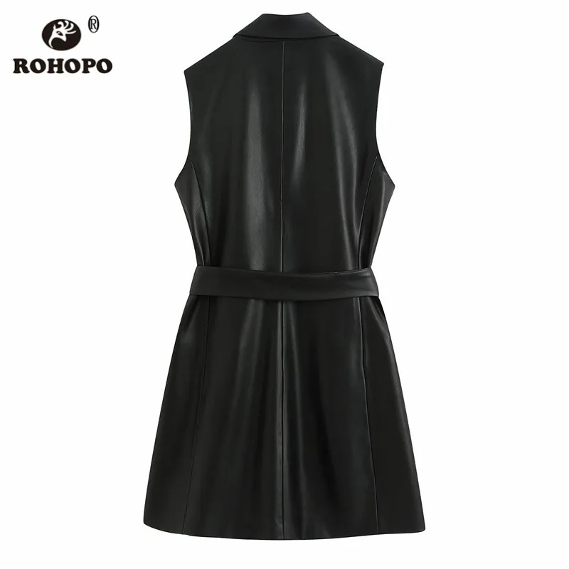 ROHOPO Черное мини-платье без рукавов из искусственной кожи с двойной грудью и