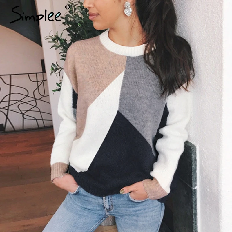 Simplee Casual patchwork pullover sweater Knitted o-neck long sleeve women 2019 England ladies chic warm winter | Женская одежда