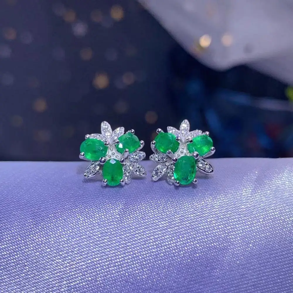 YULEM Fashionable Earring Studs Natural Emerald for Women Flower Shaped Silver 925 Jewelry Anniversary Gift