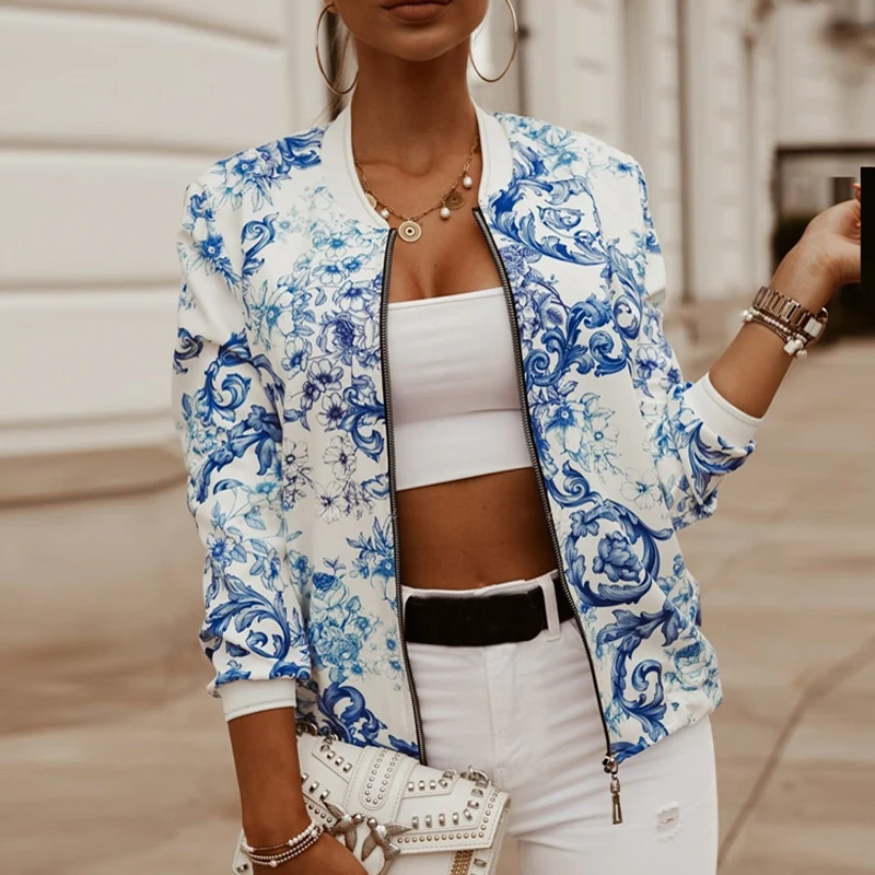 

Women Bomber Jacket Fashion Flower Print Long Sleeve Casual Zipper Up Vintage Ladies Coat Tops Elegant Slim Basic Female Jackets