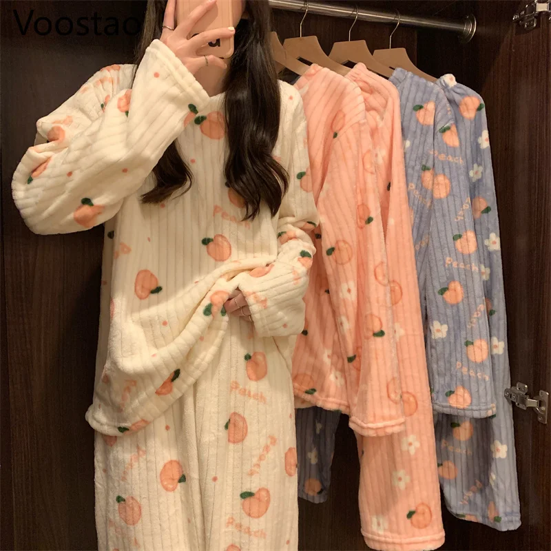 

Cute Sweet Autumn Winter Warm Pajama Set Women Chic Coral Fleece Peach Print Soft Homewear Female Sleepwear Pyjamas 2 Piece Sets