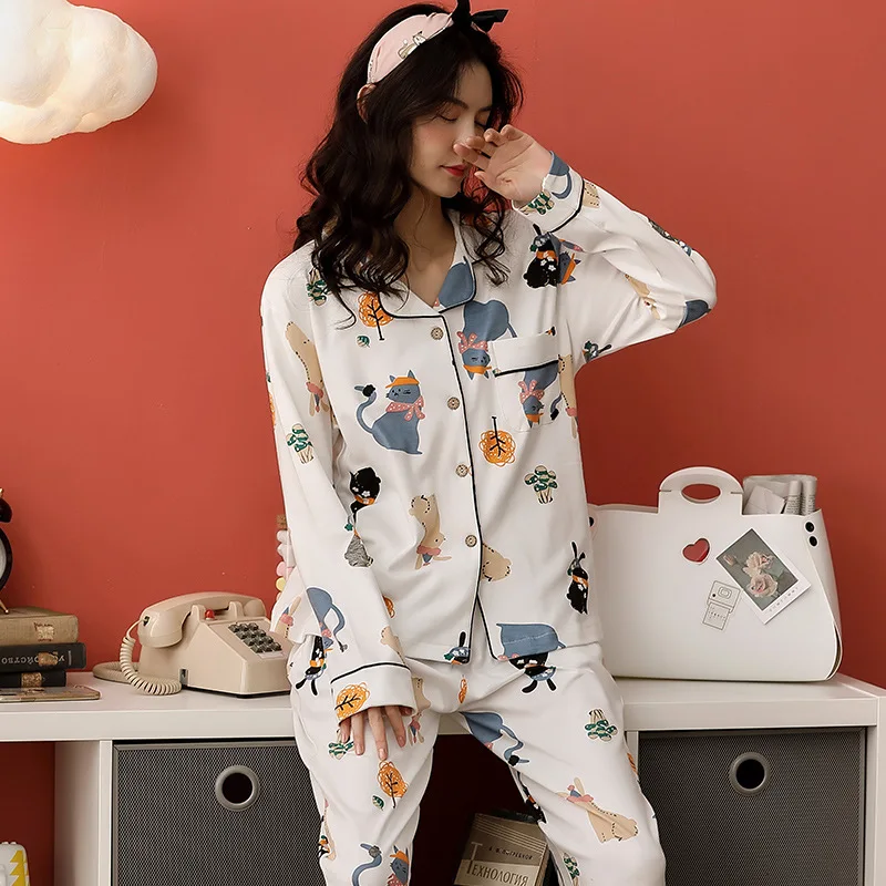 Женская пижама из чистого хлопка с длинным рукавом в Корейском стиле|Комплекты