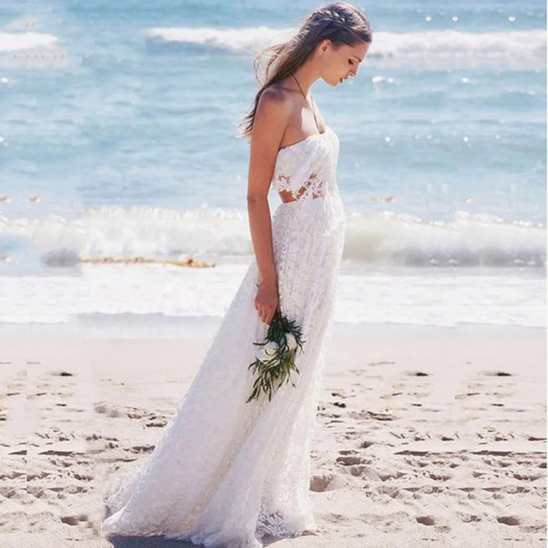 

Hot Sale Charming Beach Boho Lace Wedding Gowns for Bride Strapless Sexy Back Out Bridal Wedding Dresses Floor Length On Sale