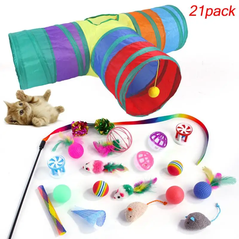 

21Pcs/Set Pet Kit Collapsible Tunnel Cat Toy Fun Channel Feather Balls Mice Shape Pet Kitten Dog Cat Interactive Play Supplies
